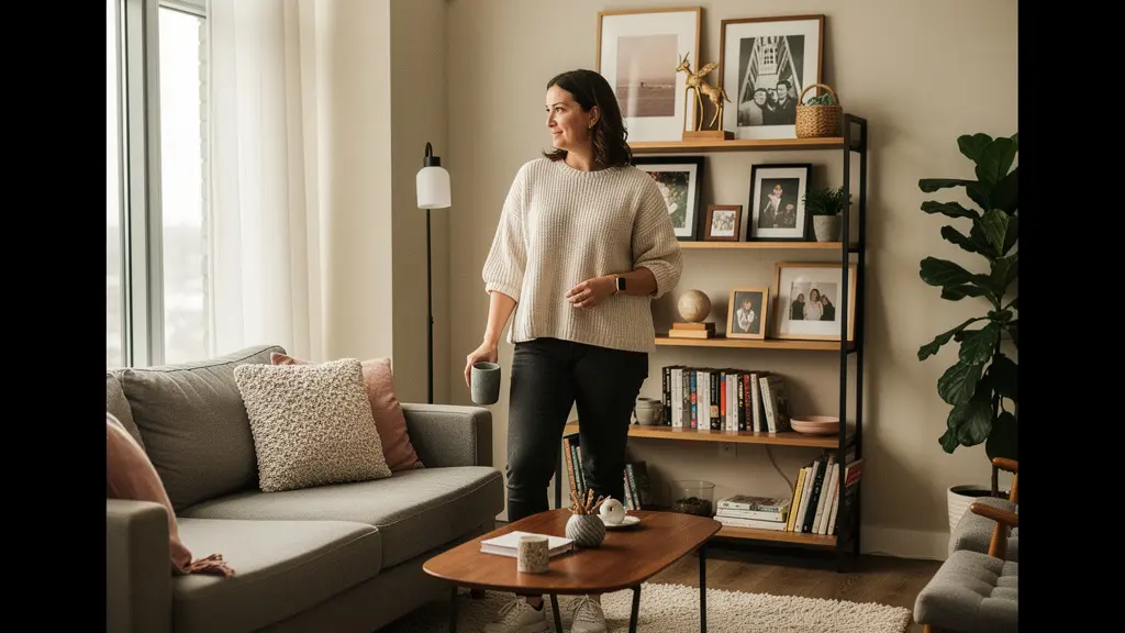 Femme québécoise évaluant ses biens personnels dans son salon de condo à Montréal