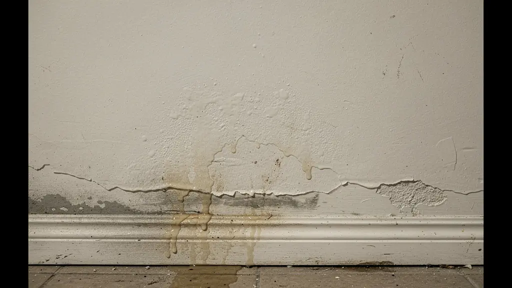Dommages causés par l'eau sur un mur de sous-sol québécois, traces d'humidité et décoloration Dommages causés par l'eau sur un mur de sous-sol québécois, traces d'humidité et décoloration