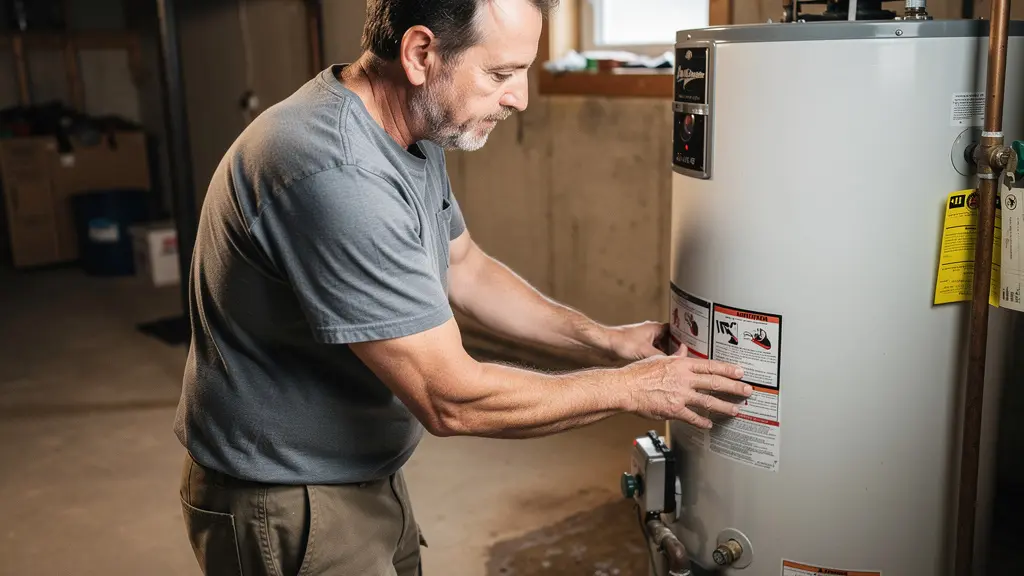 Propriétaire québécois inspectant son chauffe-eau au sous-sol, facteur assurance habitation Propriétaire québécois inspectant son chauffe-eau au sous-sol, facteur assurance habitation